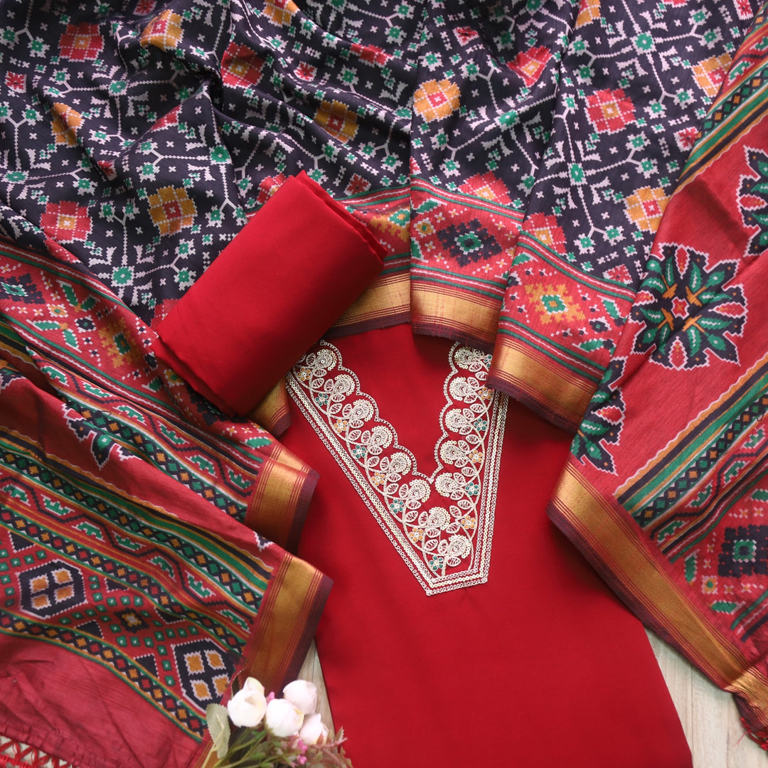 Rubiya Red Berry V Neck Embellished Neck Work Modal Suit Set