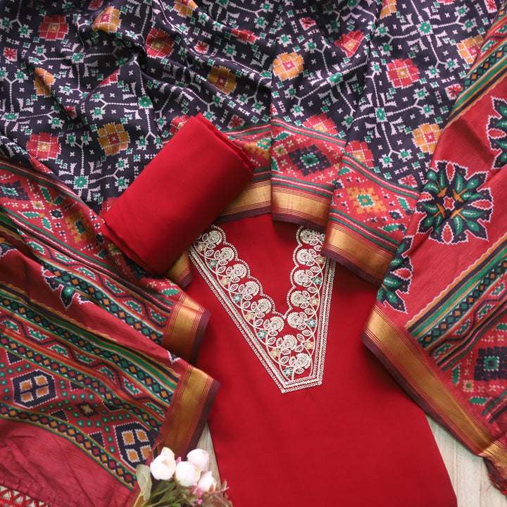 Rubiya Red Berry V Neck Embellished Neck Work Modal Suit Set