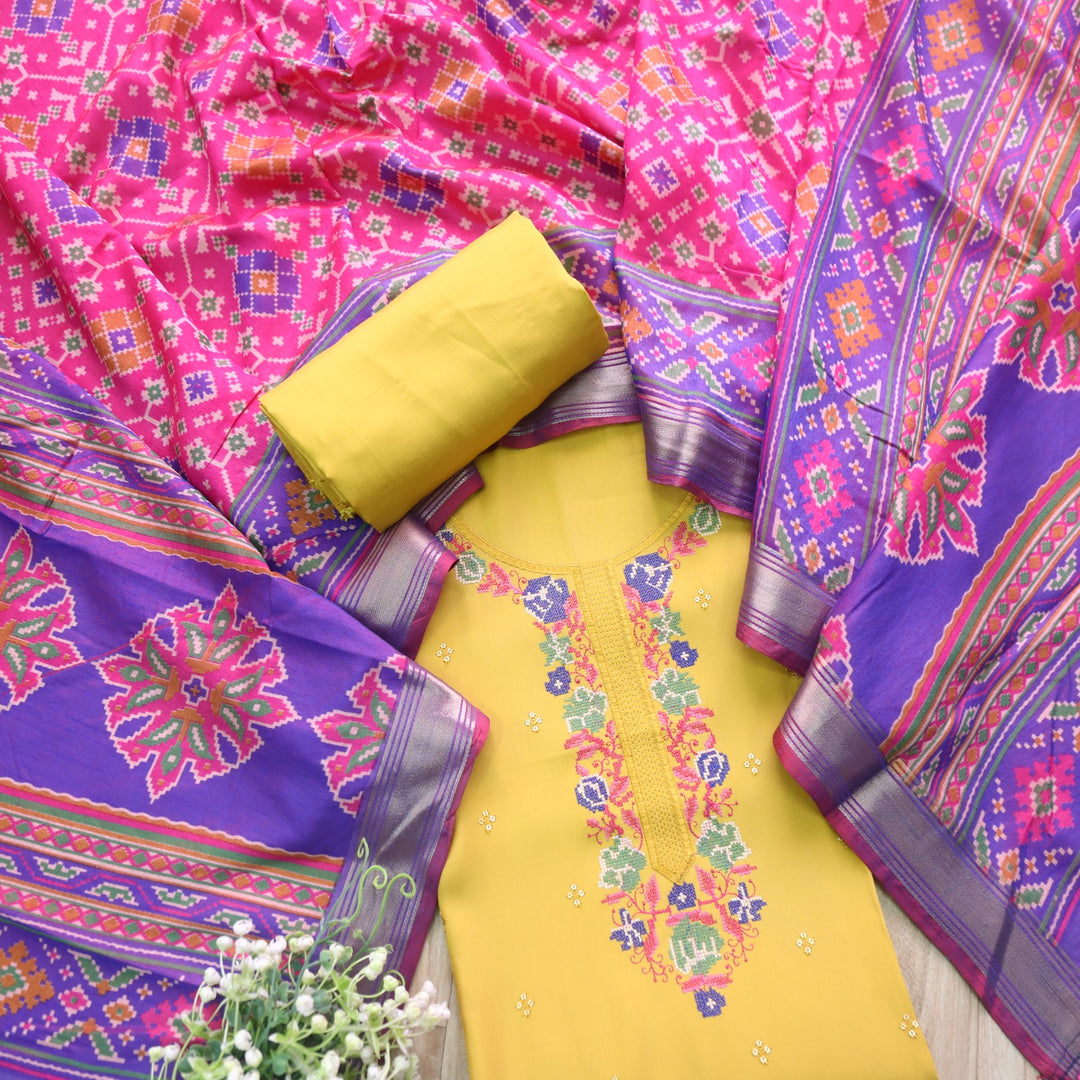 Sufiyana Dijon Yellow Cross-Stitch Embroidered Neck Modal Suit Set