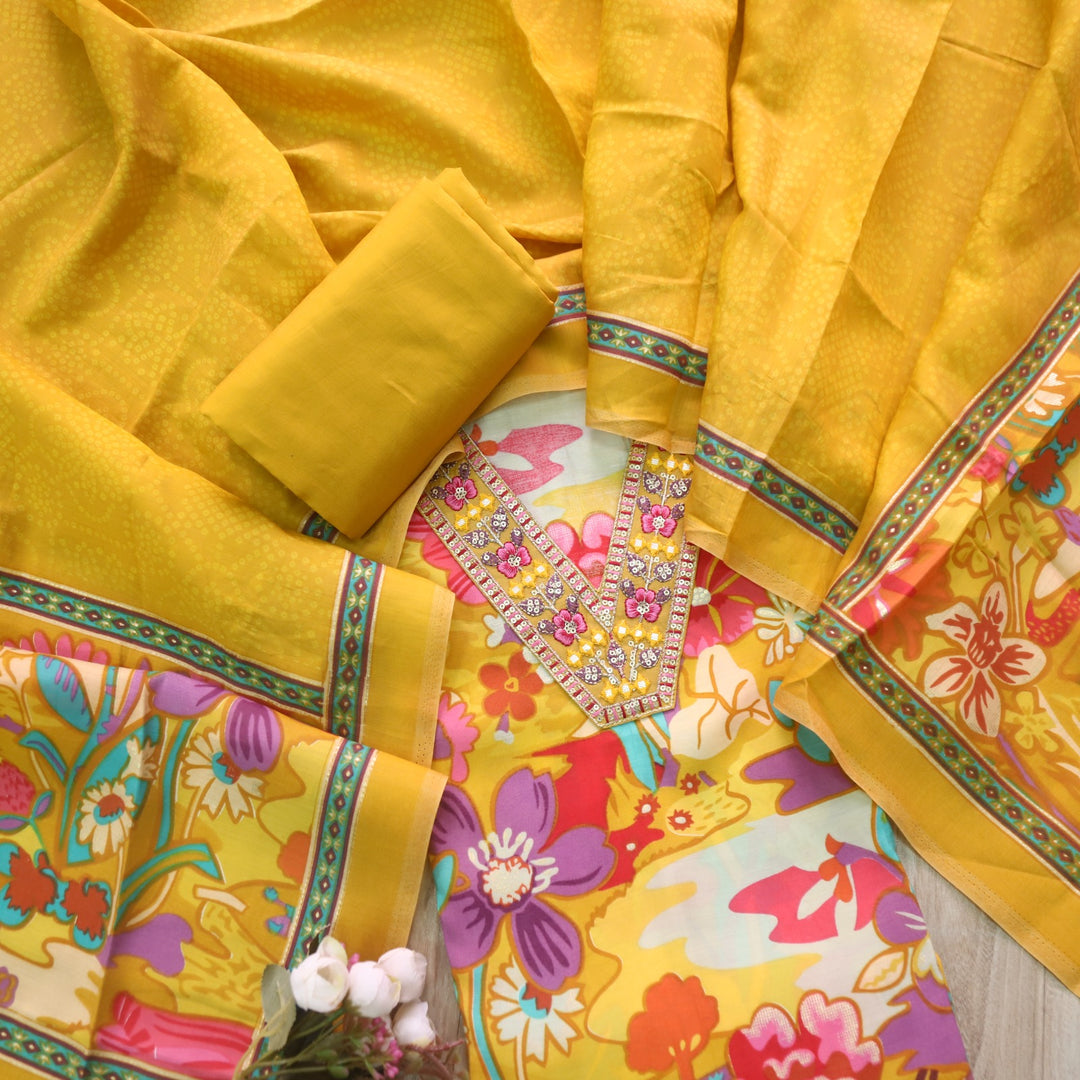 Rubiya Canary Yellow V Neck Embellished Neck with Floral Print Modal Suit Set