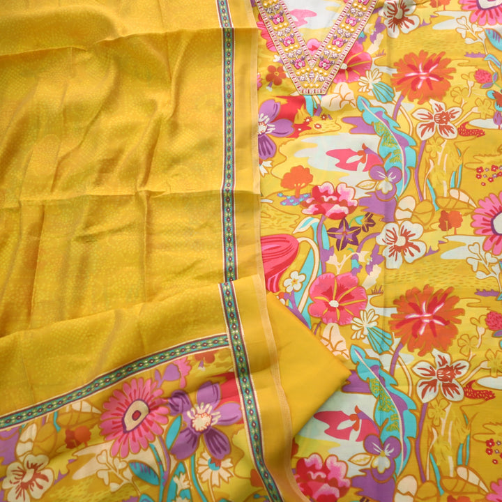 Rubiya Canary Yellow V Neck Embellished Neck with Floral Print Modal Suit Set