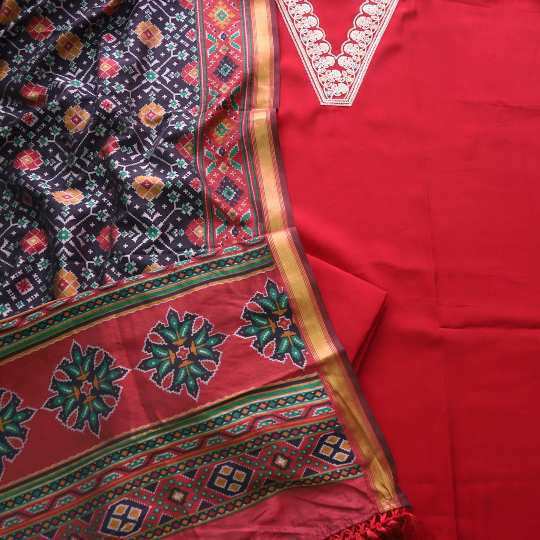 Rubiya Red Berry V Neck Embellished Neck Work Modal Suit Set