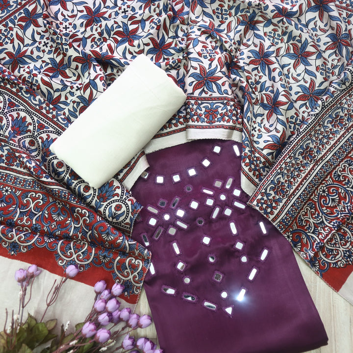 Haniya Berry Purple Authentic Mashru Top with Mirror work and Stole dupatta set