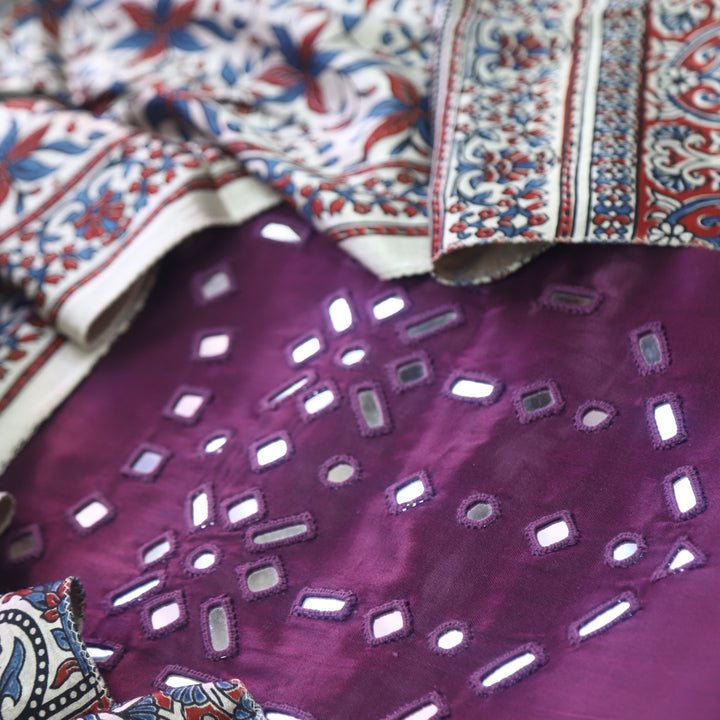 Haniya Berry Purple Authentic Mashru Top with Mirror work and Stole dupatta set
