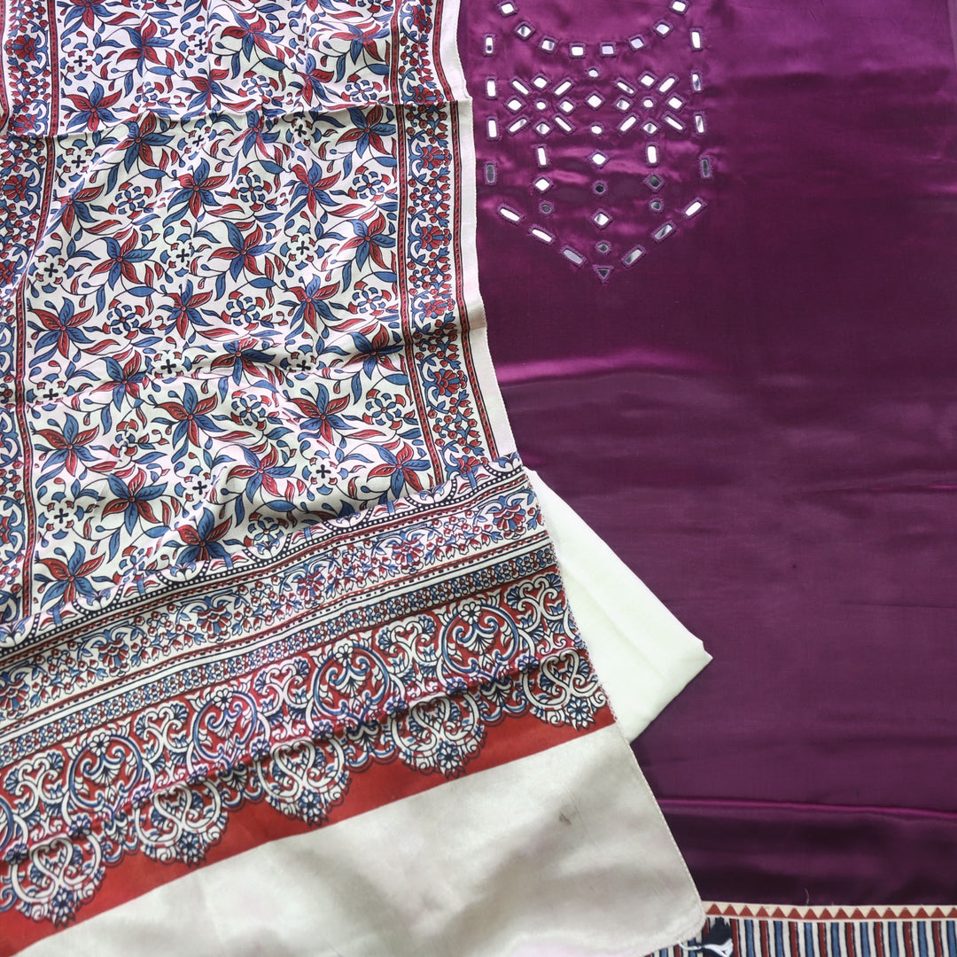 Haniya Berry Purple Authentic Mashru Top with Mirror work and Stole dupatta set