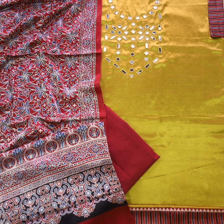 Haniya Yellow Authentic Mashru Top with Mirror work and Stole dupatta set