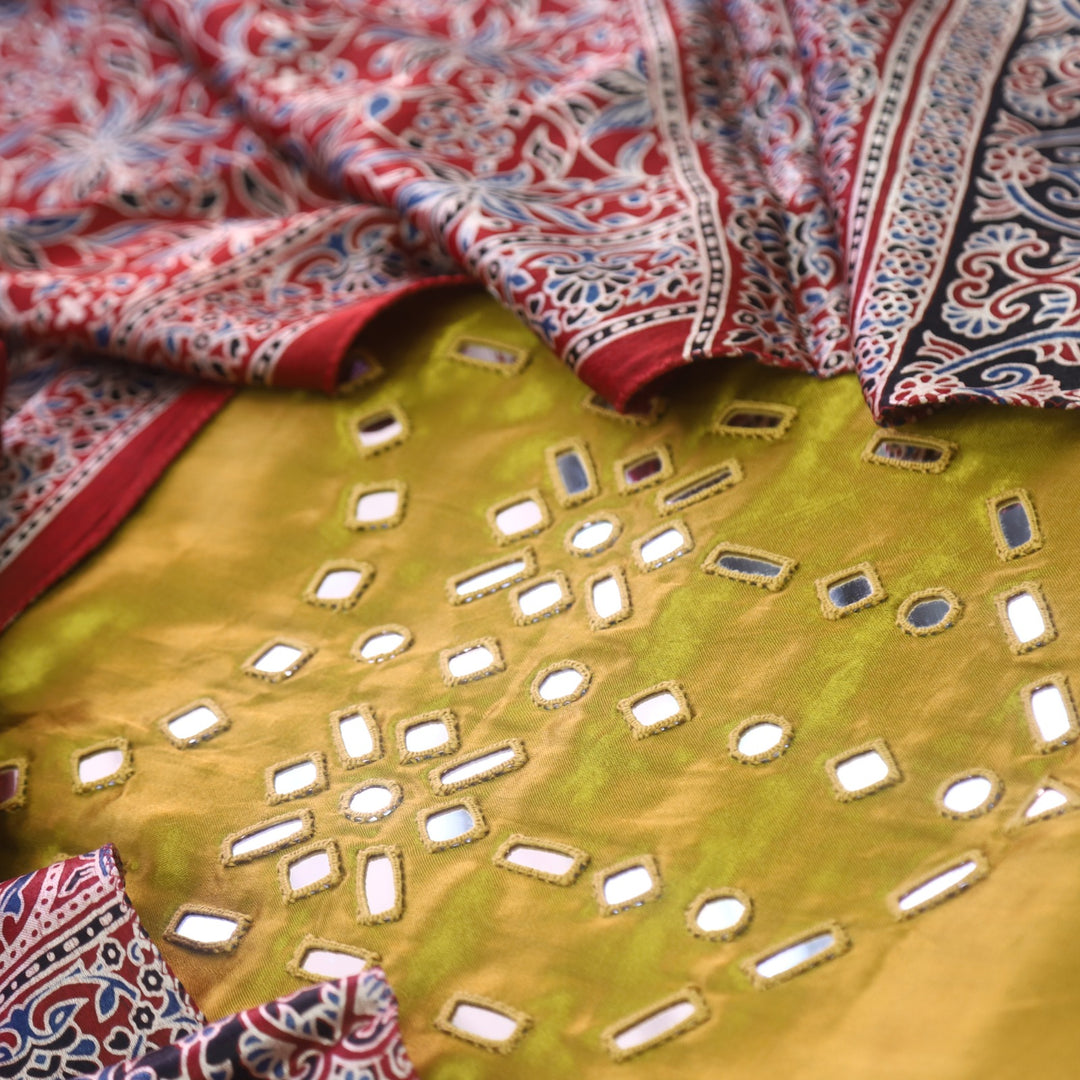 Haniya Yellow Authentic Mashru Top with Mirror work and Stole dupatta set