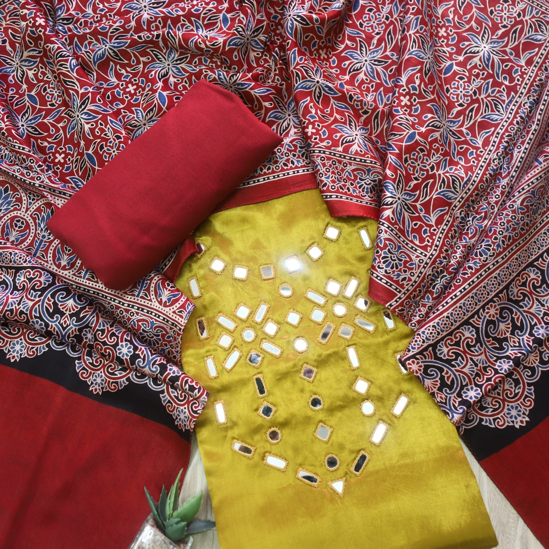 Haniya Yellow Authentic Mashru Top with Mirror work and Stole dupatta set