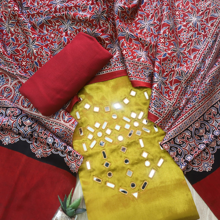 Haniya Yellow Authentic Mashru Top with Mirror work and Stole dupatta set