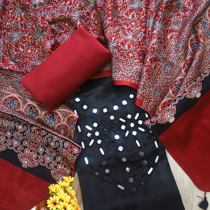 Haniya Black Authentic Mashru Top with Mirror work and Stole dupatta set