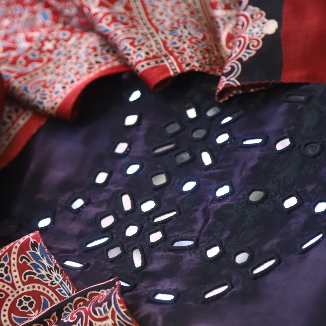 Haniya Black Authentic Mashru Top with Mirror work and Stole dupatta set
