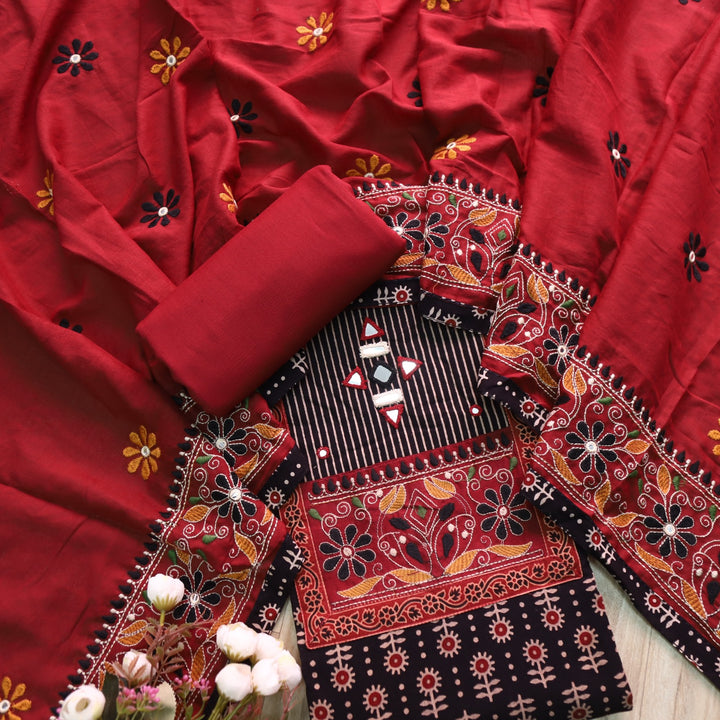 Khairiyat Rouge Black Kutch Neck Inspired Neck Work Cotton Suit Set
