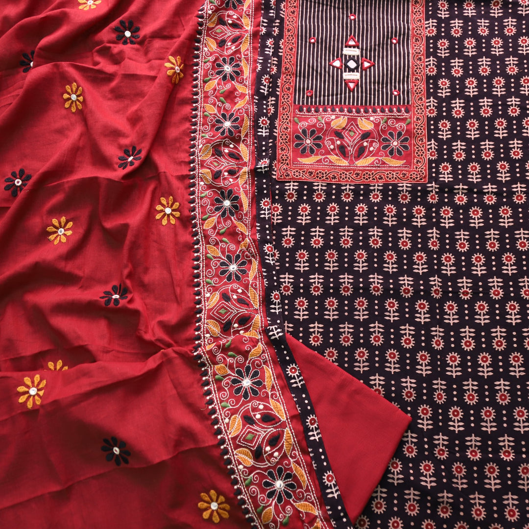Khairiyat Rouge Black Kutch Neck Inspired Neck Work Cotton Suit Set