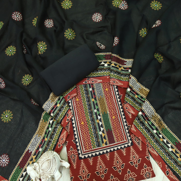 Khairiyat Juicy Red Kutch Neck Inspired Neck Work Cotton Suit Set