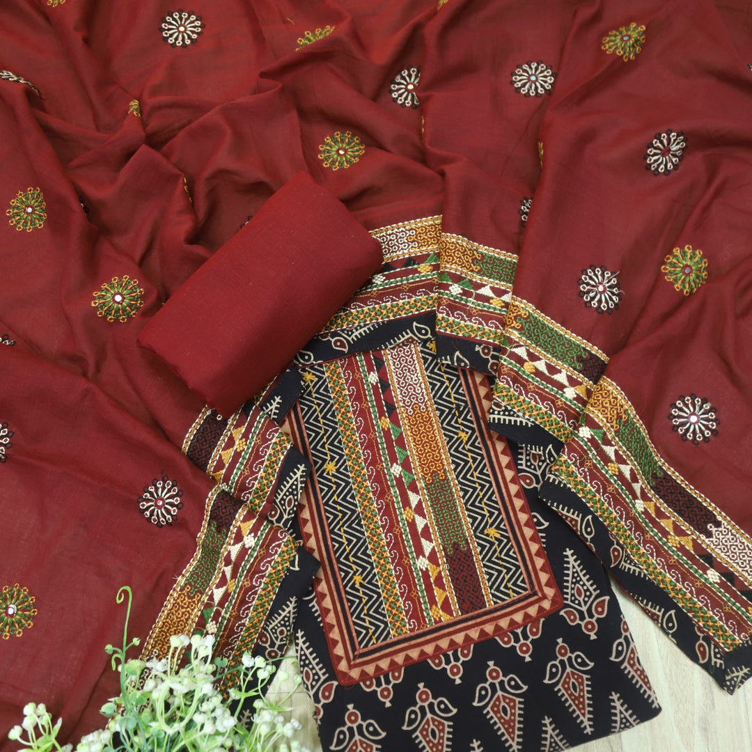 Khairiyat Shadow Black Kutch Neck Inspired Neck Work Cotton Suit Set