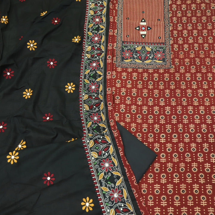 Khairiyat Cherry Red Kutch Neck Inspired Neck Work Cotton Suit Set