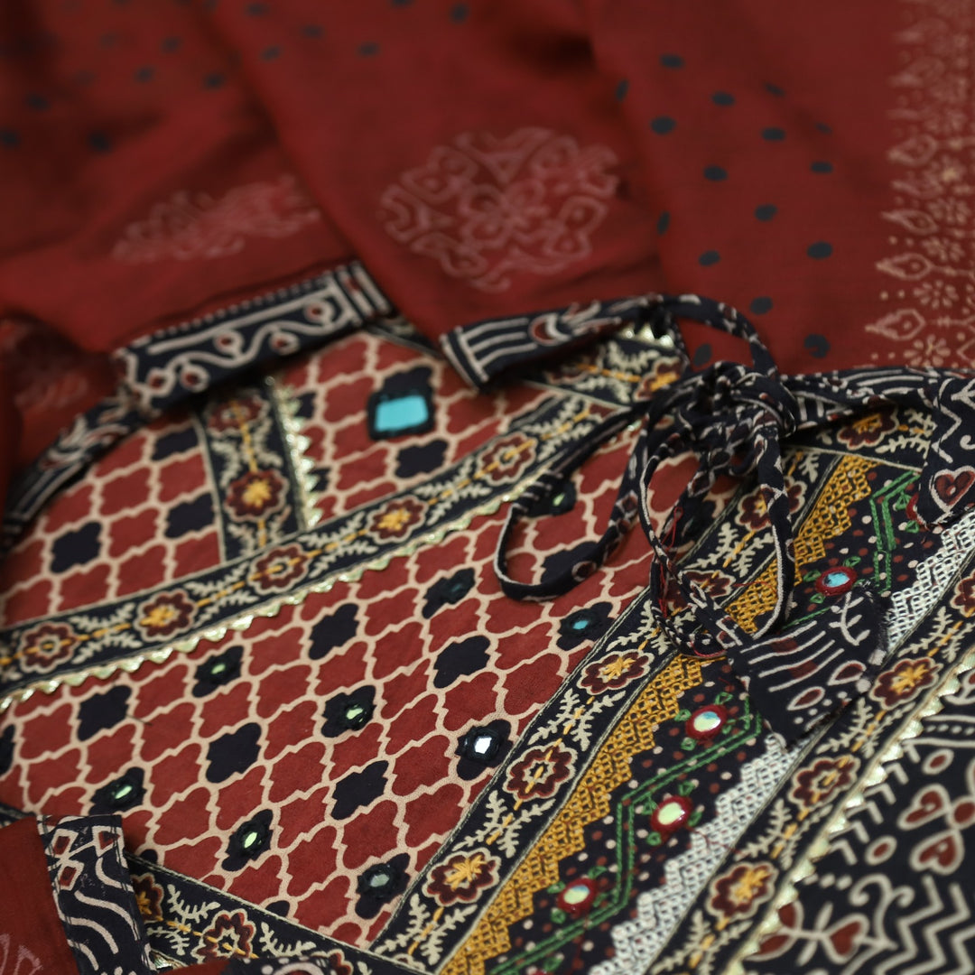 Khairiyat Night Black Kutch Work Angrakha Style Cotton Suit Set