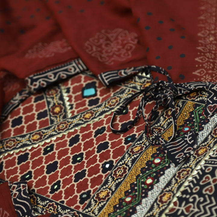 Khairiyat Night Black Kutch Work Angrakha Style Cotton Suit Set