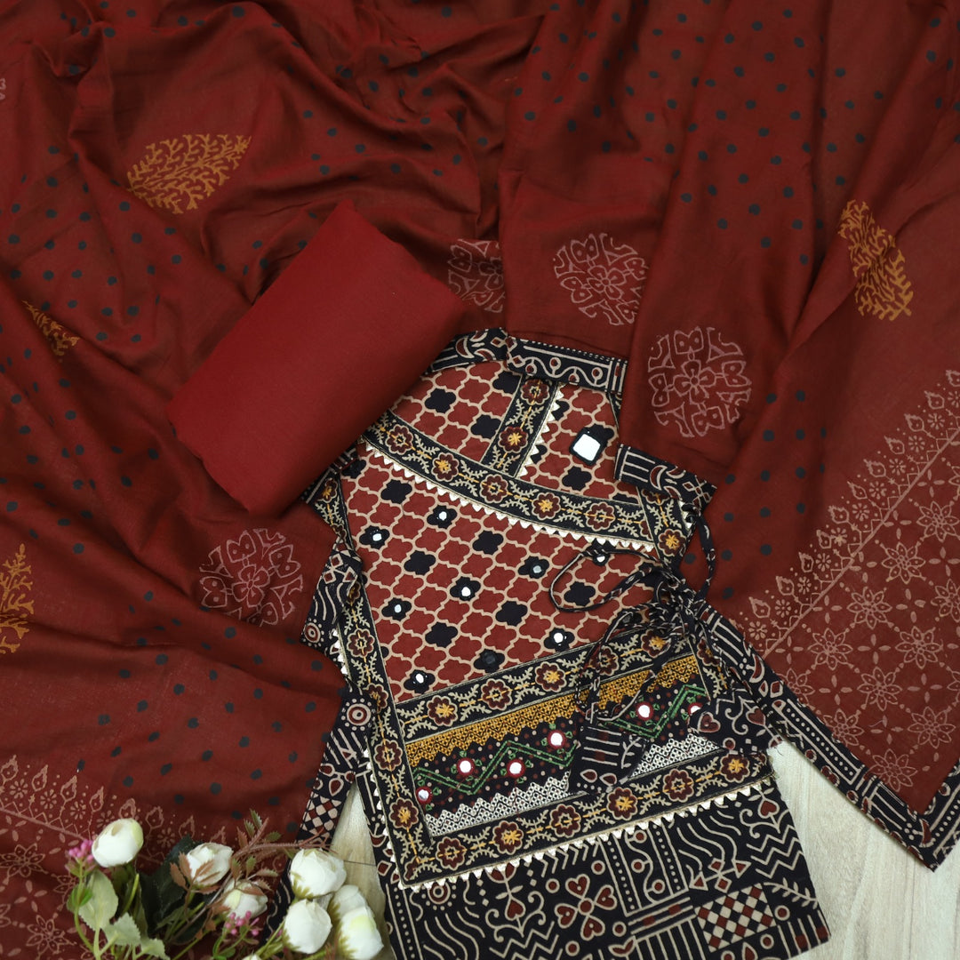Khairiyat Night Black Kutch Work Angrakha Style Cotton Suit Set