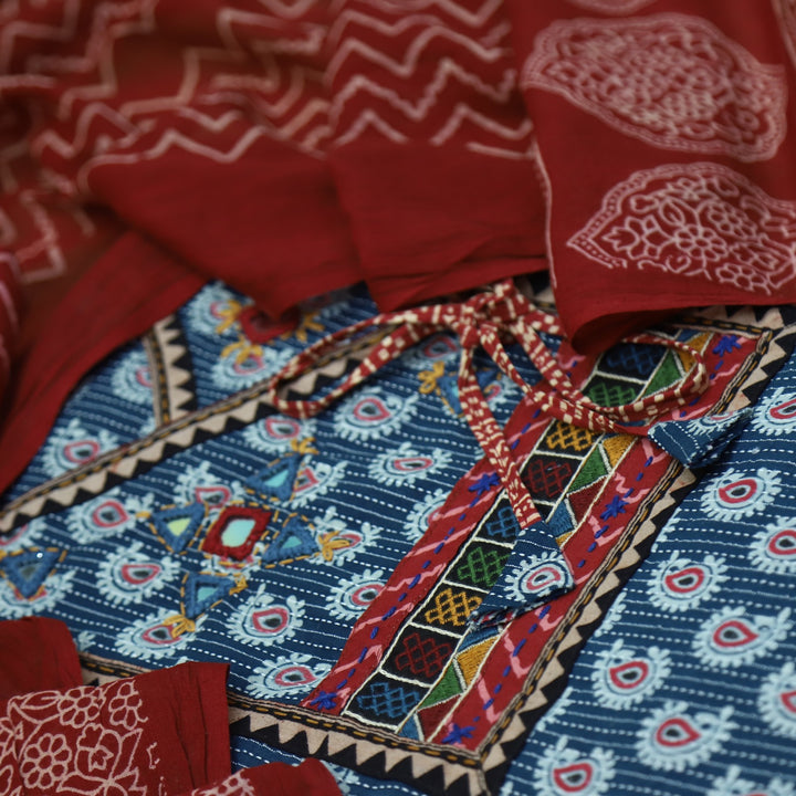 Sukhmani Blue Mirror Work with Ajrak Printed Angrakha Style Cotton Suit Set