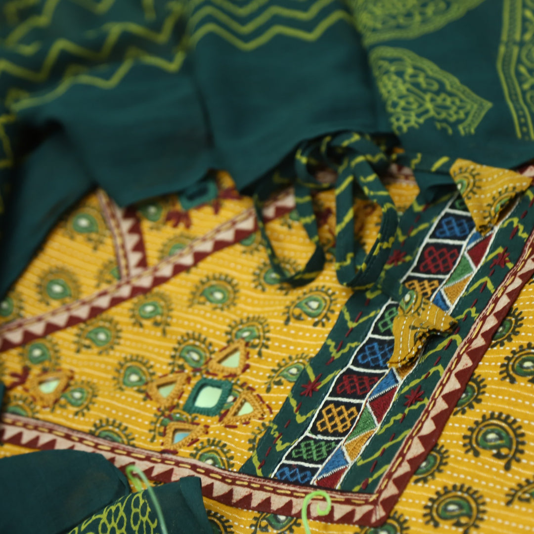 Sukhmani Yellow Mirror Work with Ajrak Printed Angrakha Style Cotton Suit Set