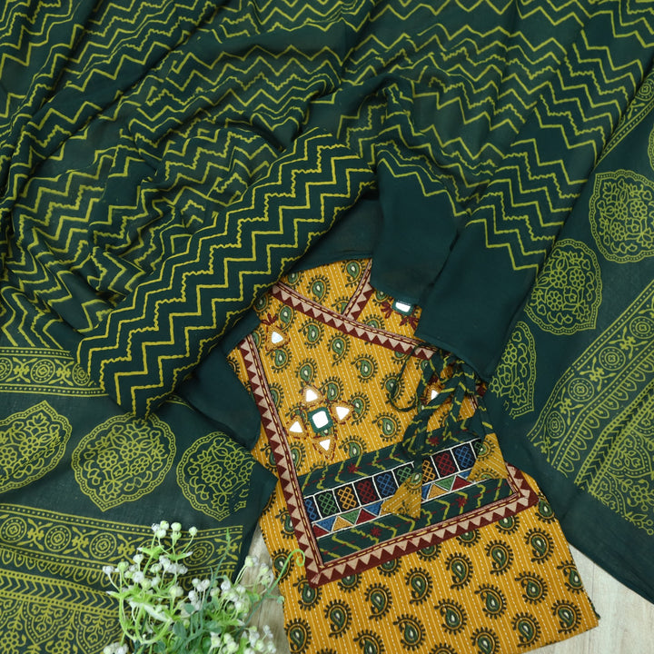 Sukhmani Yellow Mirror Work with Ajrak Printed Angrakha Style Cotton Suit Set