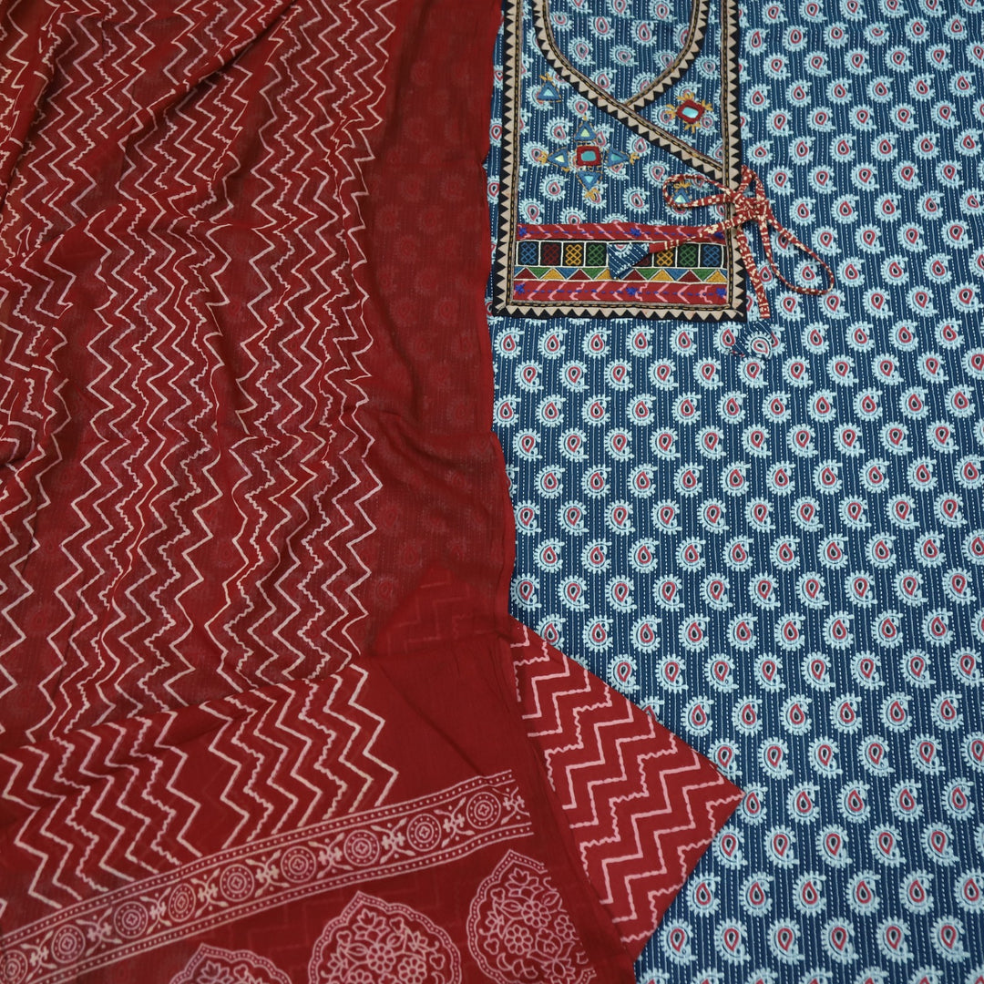Sukhmani Blue Mirror Work with Ajrak Printed Angrakha Style Cotton Suit Set