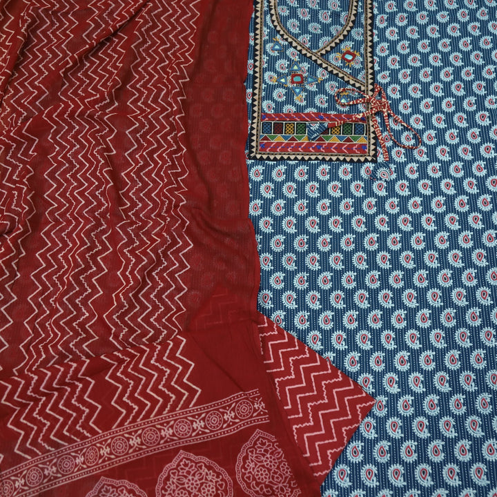 Sukhmani Blue Mirror Work with Ajrak Printed Angrakha Style Cotton Suit Set
