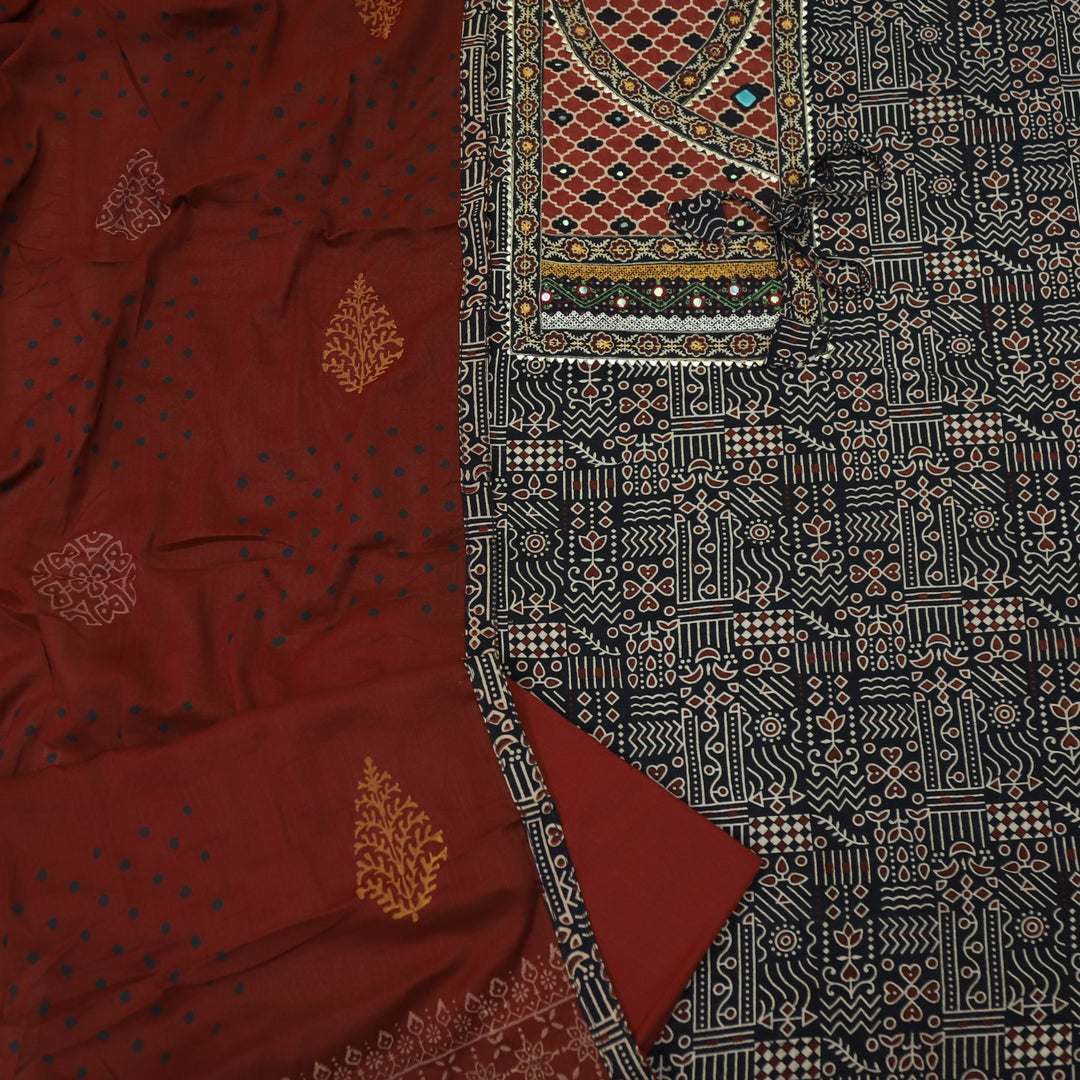 Khairiyat Night Black Kutch Work Angrakha Style Cotton Suit Set