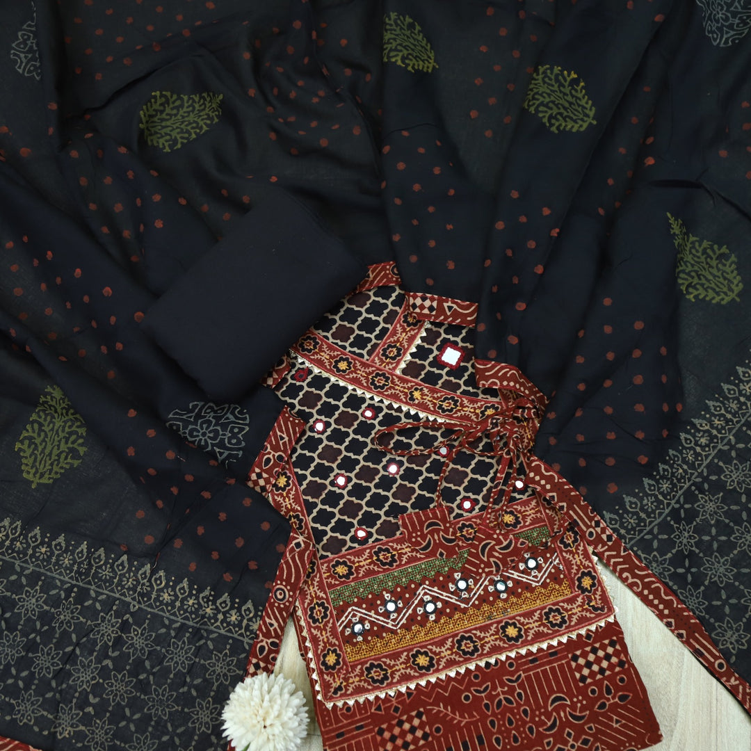 Khairiyat Cherry Red Kutch Work Angrakha Style Cotton Suit Set
