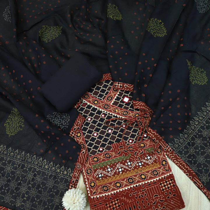 Khairiyat Cherry Red Kutch Work Angrakha Style Cotton Suit Set