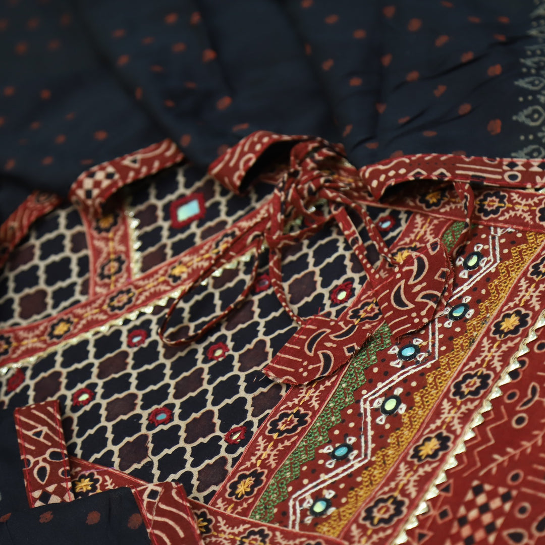 Khairiyat Cherry Red Kutch Work Angrakha Style Cotton Suit Set