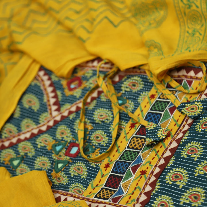 Sukhmani Green Mirror Work with Ajrak Printed Angrakha Style Cotton Suit Set