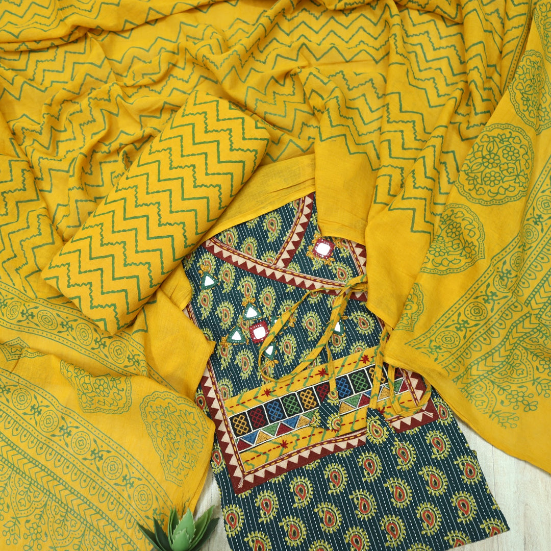 Sukhmani Green Mirror Work with Ajrak Printed Angrakha Style Cotton Suit Set