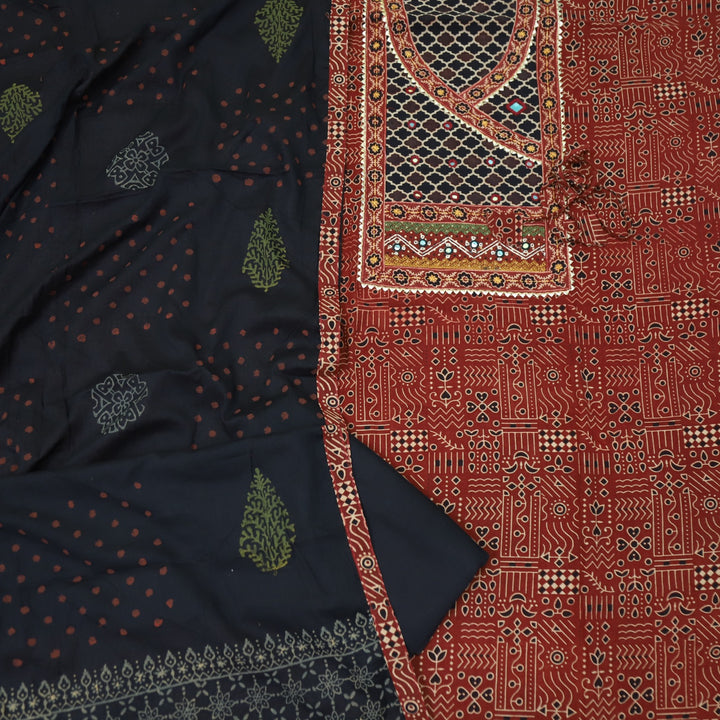 Khairiyat Cherry Red Kutch Work Angrakha Style Cotton Suit Set