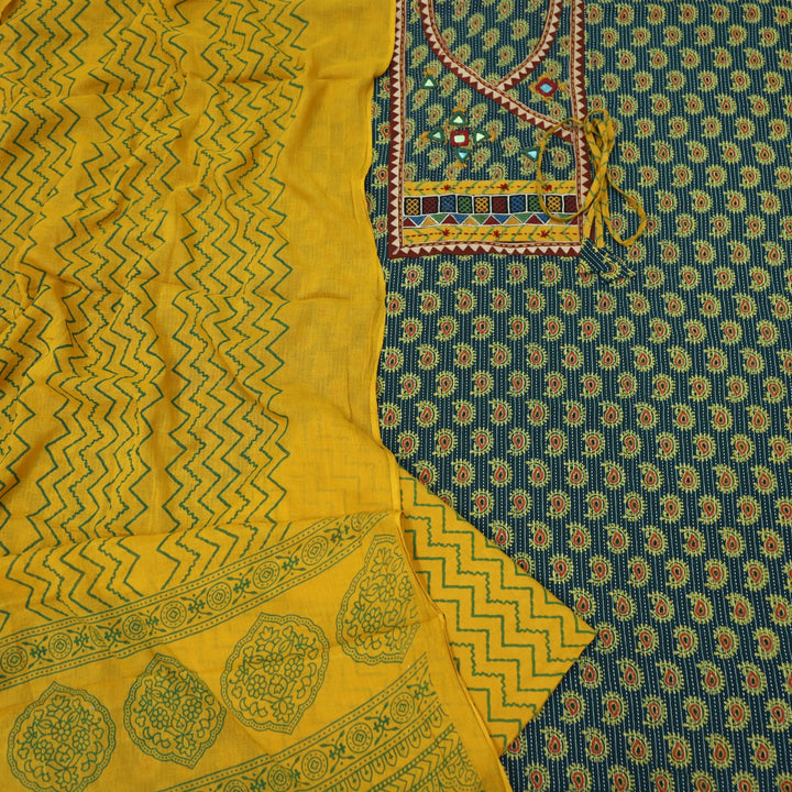 Sukhmani Green Mirror Work with Ajrak Printed Angrakha Style Cotton Suit Set