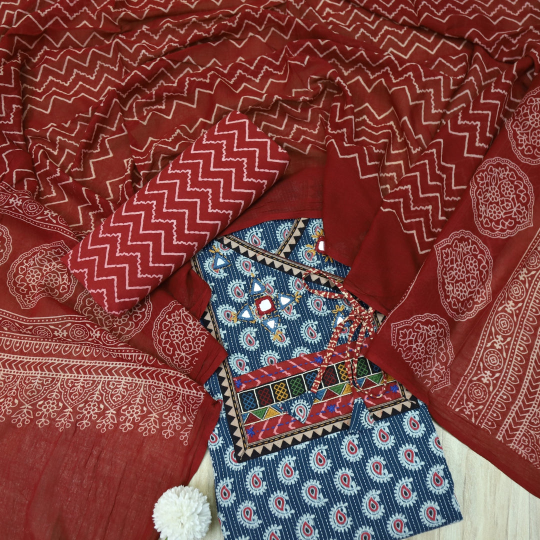 Sukhmani Blue Mirror Work with Ajrak Printed Angrakha Style Cotton Suit Set