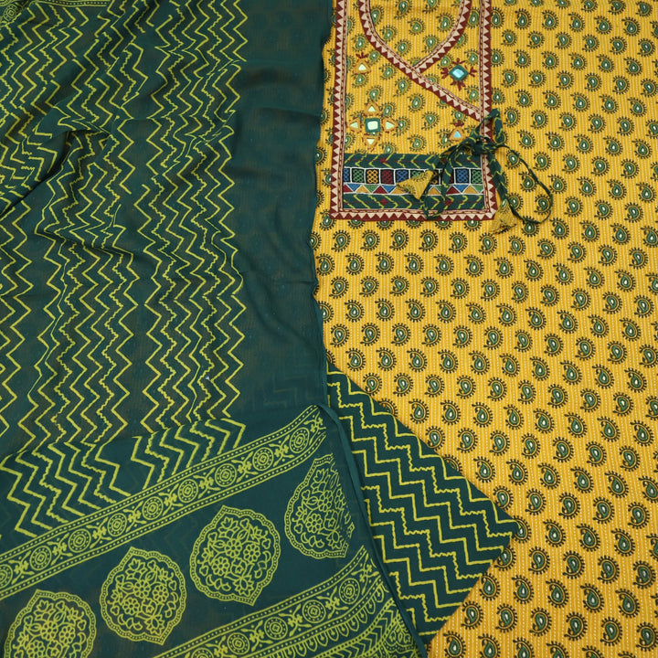 Sukhmani Yellow Mirror Work with Ajrak Printed Angrakha Style Cotton Suit Set