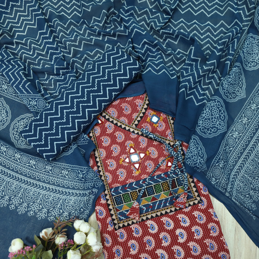Sukhmani Red Mirror Work with Ajrak Printed Angrakha Style Cotton Suit Set