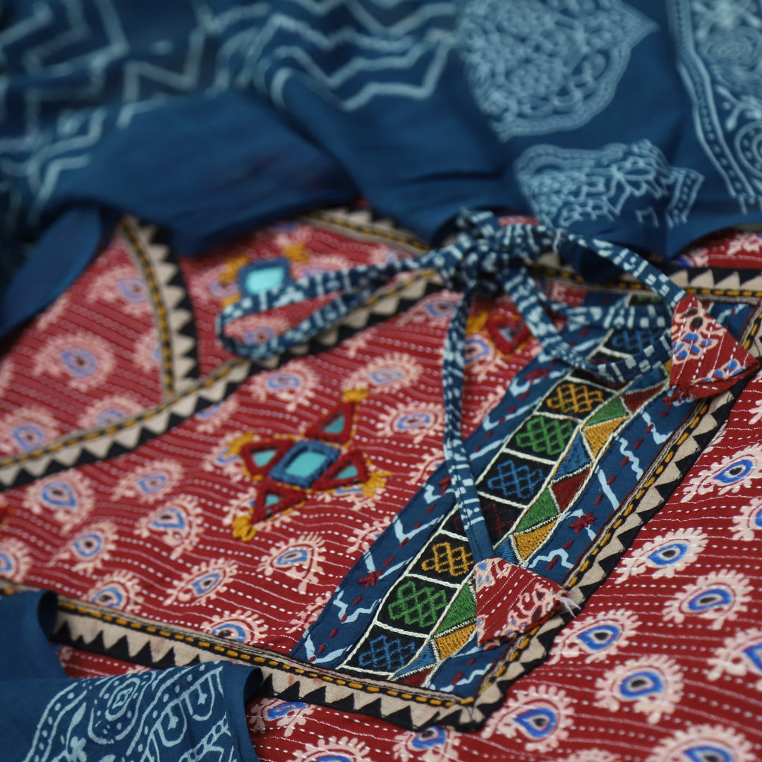 Sukhmani Red Mirror Work with Ajrak Printed Angrakha Style Cotton Suit Set