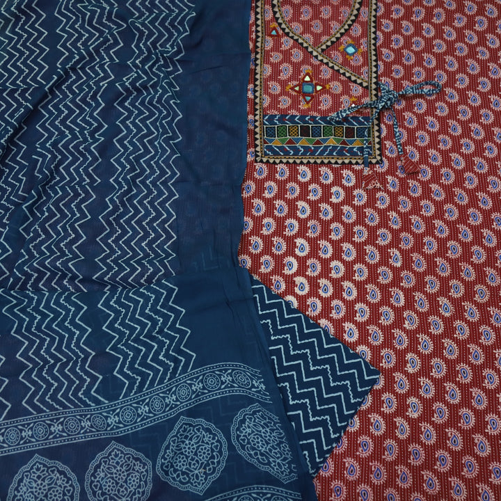 Sukhmani Red Mirror Work with Ajrak Printed Angrakha Style Cotton Suit Set