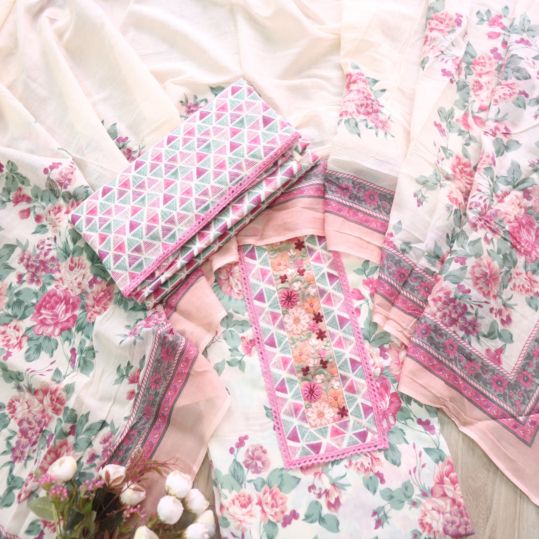 Rukshat Cream Beige Lace Neck Work Floral Printed Cotton Suit Set