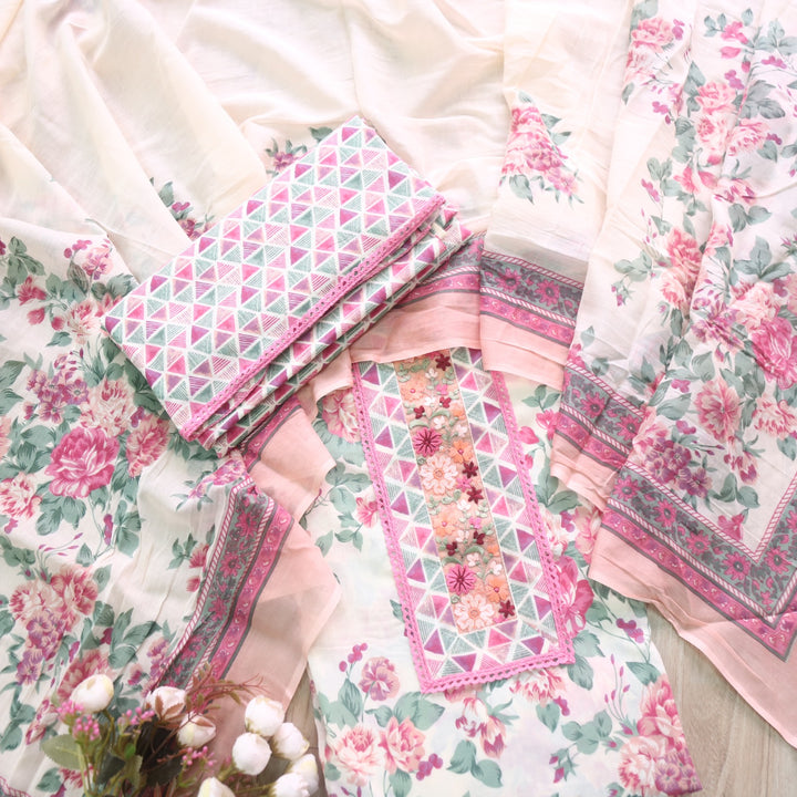 Rukshat Cream Beige Lace Neck Work Floral Printed Cotton Suit Set