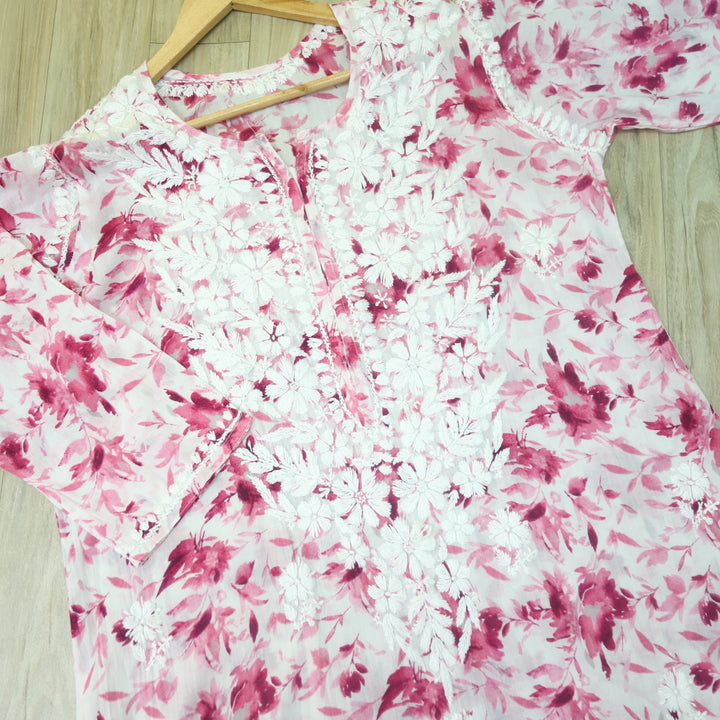 Kalakaar Flamingo Pink Floral Printed Chikankari Mul Cotton Kurti