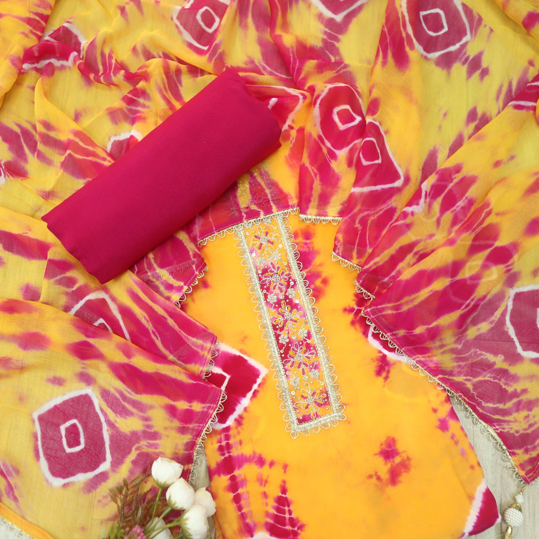 Riwayaat Orange Yellow Embellish Neck Shibori Printed Crepe Suit Set