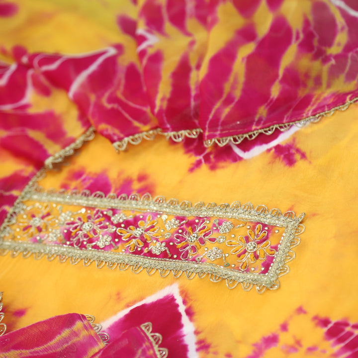 Riwayaat Orange Yellow Embellish Neck Shibori Printed Crepe Suit Set