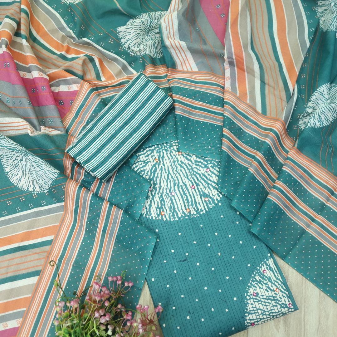 Riwayaat Teal Blue Mirror Work Printed Cotton Suit Set