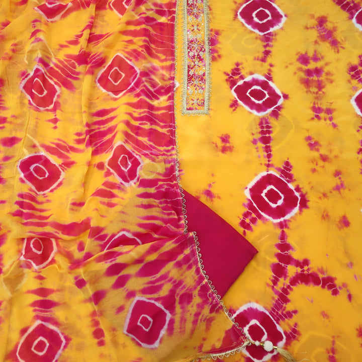 Riwayaat Orange Yellow Embellish Neck Shibori Printed Crepe Suit Set