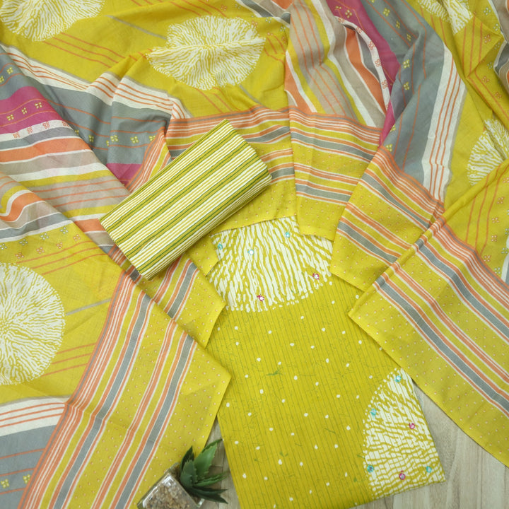 Riwayaat Canary Yellow Mirror Work Printed Cotton Suit Set