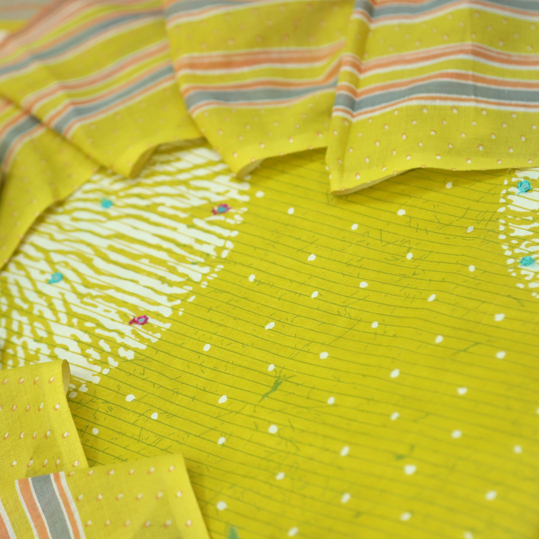Riwayaat Canary Yellow Mirror Work Printed Cotton Suit Set